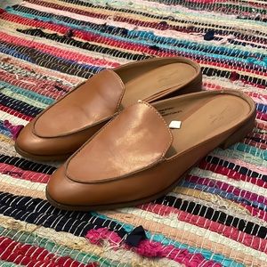 Brown Leather Flat Slip On Mules